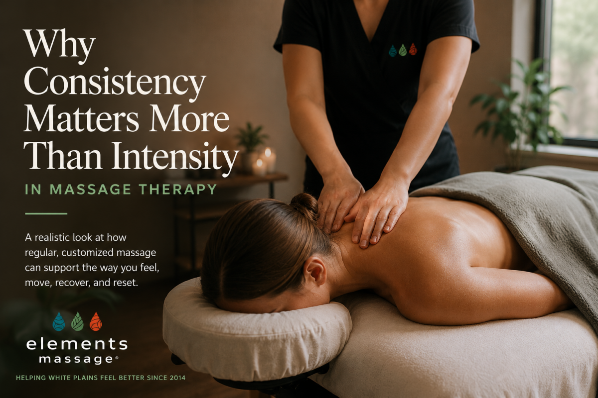 A massage therapist performs a customized massage therapy session on a client in a relaxing treatment room at Elements Massage White Plains, NY. This image illustrates the benefits of consistent massage therapy for stress management, recovery, wellness, a