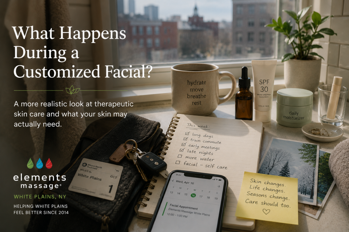 Editorial lifestyle image for an Elements Massage White Plains article about customized facials and therapeutic skin care. A bathroom counter displays skincare products, a Metro-North ticket, keys, a notebook, and a facial appointment reminder, illustrati