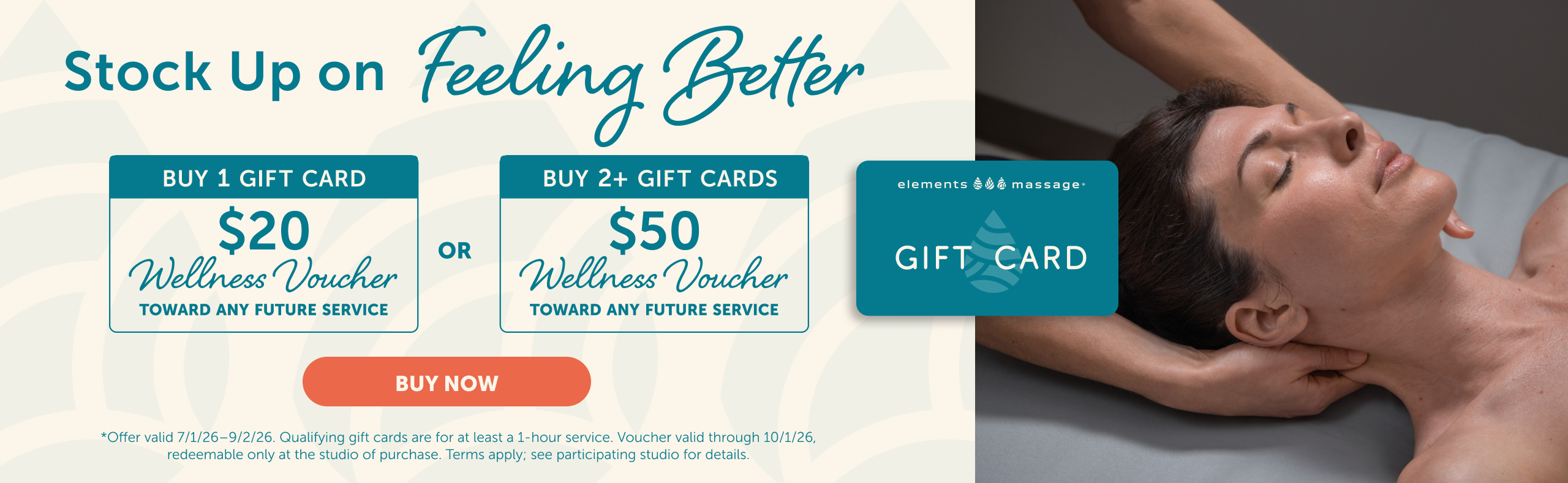Buy a gift card and get a $20 or $50 wellness voucher to use on a future visit