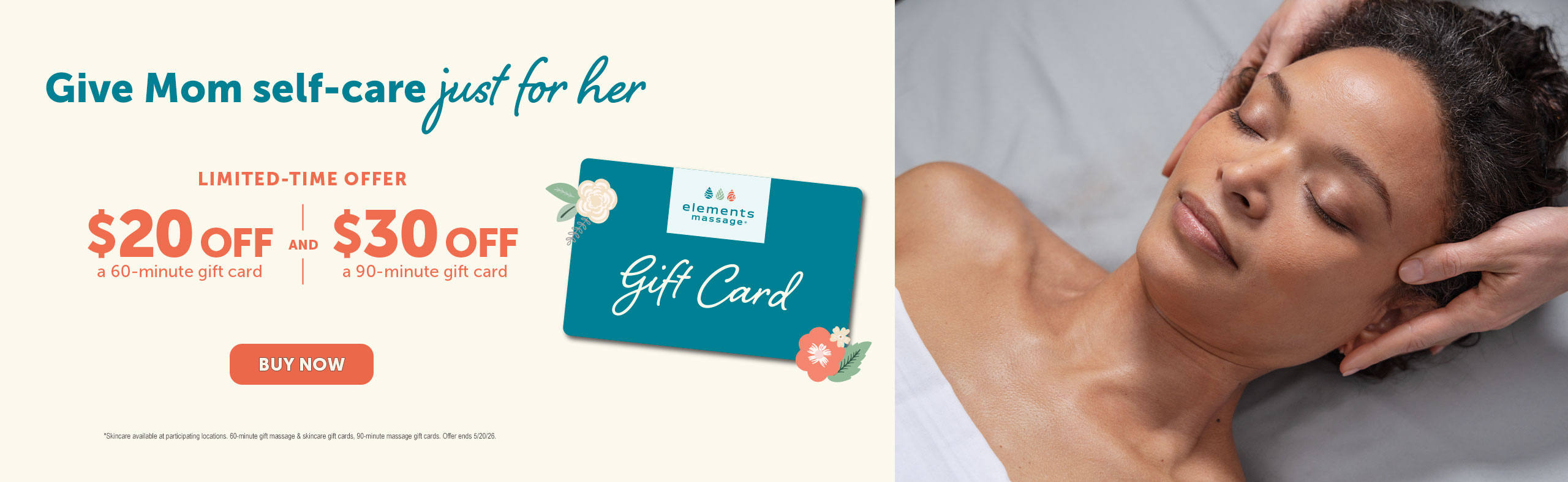 Give Mom self-care just for her. Get $20 off a 60-min gift card and $30 off a 90-min gift card. Buy now