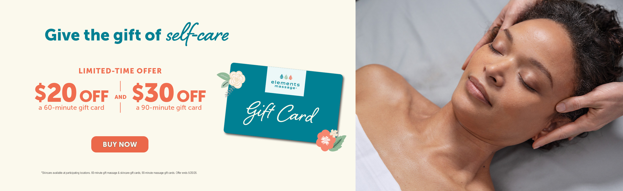 Give Mom self-care just for her. Get $20 off a 60-min gift card and $30 off a 90-min gift card